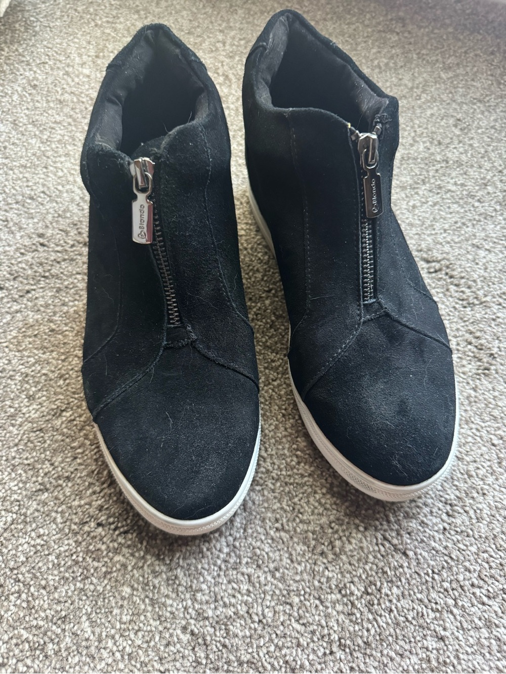 Blondo Waterproof Black Suede Front-Zip Wedge Sneakers with White Sole